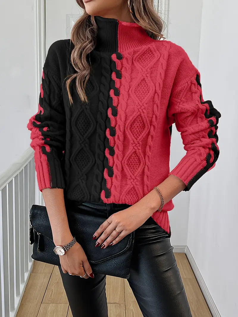 LEOVIA | Elegancki Sweter w Paski z Wysokim Kołnierzem
