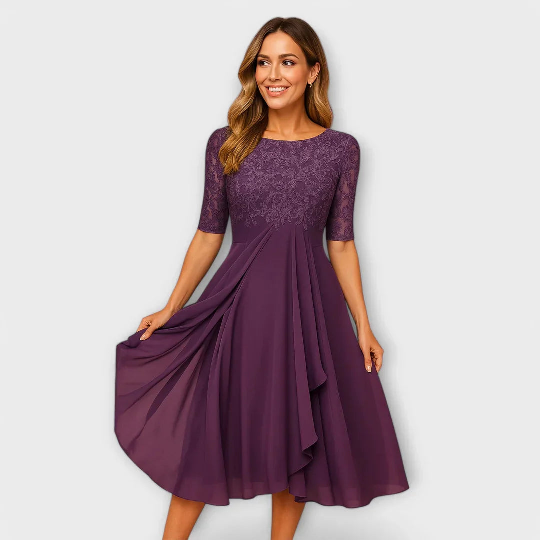 Jacinthe – Robe midi élégante à manches en dentelle